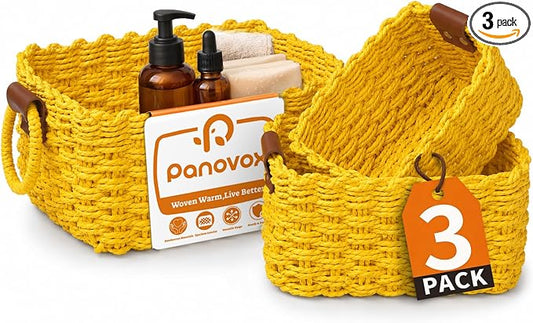 Small Wicker Baskets, 3 PCS Paper Rope Baskets for Shelves, Yellow | Recycled Small Baskets, 3 Sizes Woven Baskets for Organizing, Decorative Storage Baskets for Bedroom and Bathroom
