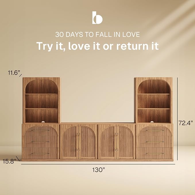 BELLEZE 6-Piece Modular TV Stand Set - 2 Sideboards with Drawers, 2 Double-Arc Wood Door Sideboards, and 2 Hutch Cabinets, Classic Modern Media Console with Adjustable Shelves for Living Room (Camel)