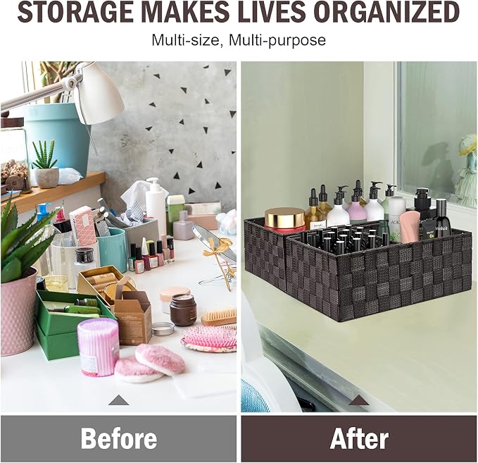 Storage Baskets with Lids: 6 Pack Stackable Woven Storage Bins, Brown | Decorative Woven Baskets for Organizing with Built-In Handles for Shelves, Closets, Cabinets and Cubbies, Gift Small Basket