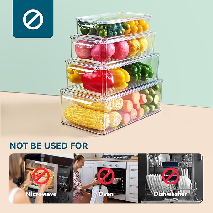 4 Piece Refrigerator Organizer Bins, Clear Fridge Organizers with Lids | Clear Fridge Storage, Food Storage Containers Clear and Stackable for Fruit, Vegetable, Drinks, Cereals