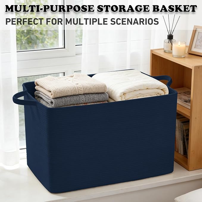 65L Collapsible Woven Rope Laundry Basket with Handles,Navy | 21x16x12 Foldable Rectangular Blanket Basket for Toys, Clothes & Pillows,Ideal for Nursery, Bathroom, Bedroom, Living Room