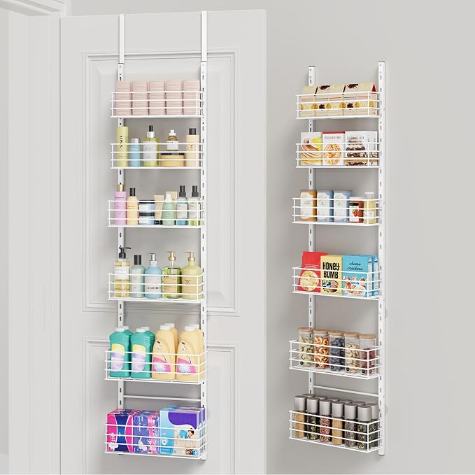 SWTYMIKI Over The Door Organizer - Door Organizer Hanging with 6 Adjustable Metal Large Capacity Basket, Wall Mounted Shelf for Bedroom Closet Bathroom Laundry Pantry Cabinet Kitchen(White)
