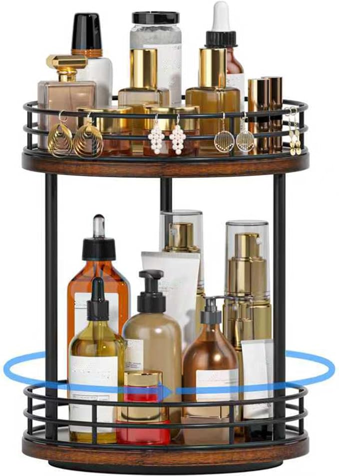2-Tier Rotating Bathroom Countertop Organizer, Wooden Makeup Vanity Storage, Multifunctional Lazy Susan Turntable for Skincare, Perfume and Cosmetics (Brown)