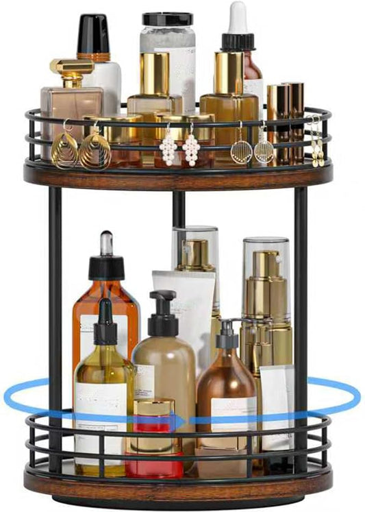 2-Tier Rotating Bathroom Countertop Organizer, Wooden Makeup Vanity Storage, Multifunctional Lazy Susan Turntable for Skincare, Perfume and Cosmetics (Brown)