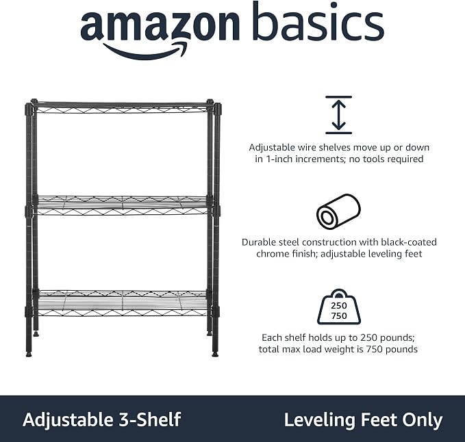 Amazon Basics 3-Shelf Adjustable Heavy Duty Steel Wire Rack Storage Shelving Organizer with Storage Space, Versatility and Ease of Use for Kitchen, Garage, 23.2" L x 13.4" W x 30" H, Black
