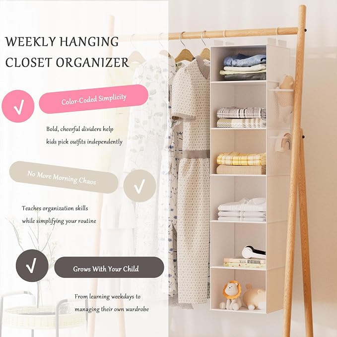 Hanging Closet Organizer and Storage with Bamboo Support, 6-Shelf Closet Hanging Storage Shelves, Closet Organizers Easy Mount Foldable for Bedroom