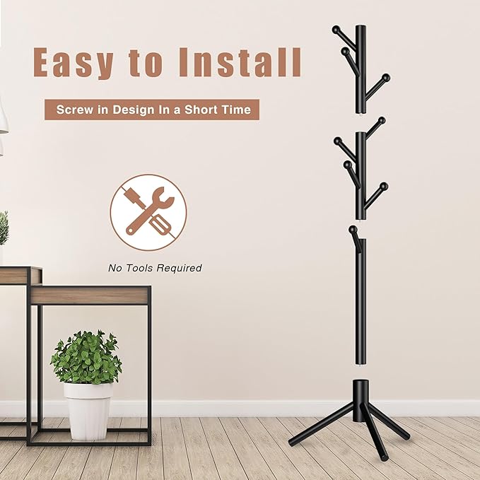 8-Hook Freestanding Coat Rack 3 Heights Safe Round Tips Black | Smooth Round Tips Prevent Slipping,Tool-Free Assembly,Holds Clothes Hats Handbags,Ideal for Entryway Bedroom Hallway Office