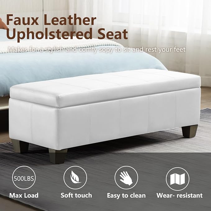 51 Inch Storage Ottoman, Storage Bench with Safety Hinge, Upholstered Synthetic Leather Ottoman Bench for Bedroom, Living Room, Entryway, Hallway, Foot Rest, Support 500lbs