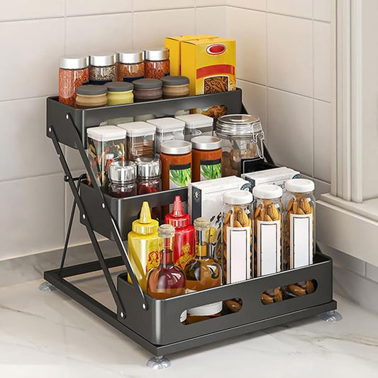 Ceetug 3 Tier Foldable Spice Rack, Black | Iron, For Countertop, Kitchen Seasoning Organizer, For Cabinet