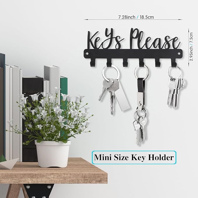 Keys Please Key Holder Wall Mounted, Mini Size: 7.28x2.95inch | Black Metal Decorative Rack Hooks for Garage,Mudroom,Hallway,Entryway,Front Door,Office