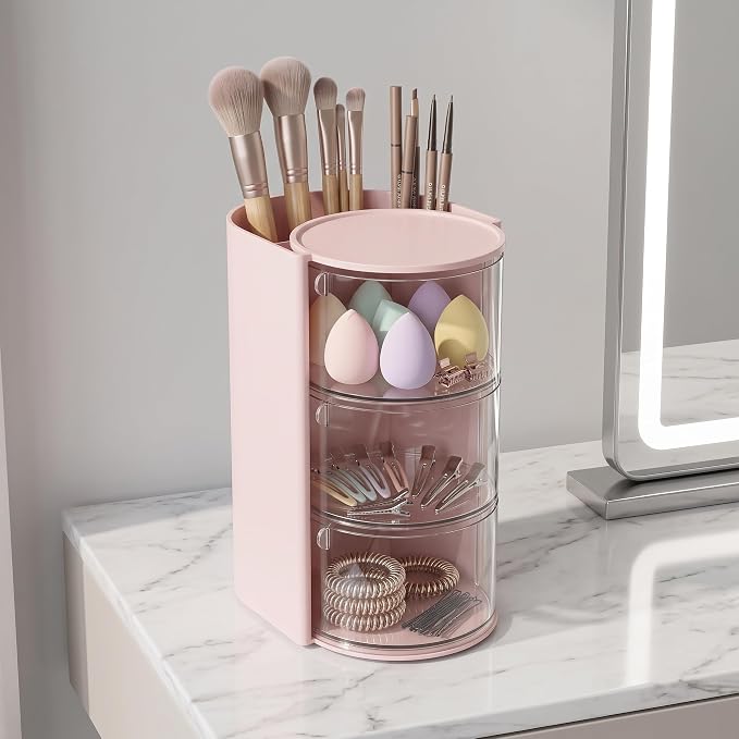 Makeup Organizer, 3-Tier Pink Cosmetic Organizer Dustproof Rotating Makeup Brush Holder, 18.2cm Height Desktop Storage Box For Vanity Countertop Eyebrow Pencils Powder Puffs And Office Pen Storage