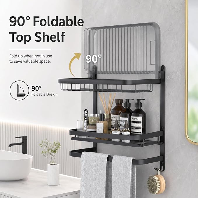 23 Inch Towel Rack for Bathroom with 3 Tier Shelf Double Bar Hook (Black) | 90 Degree Foldable Top Design, Wall Mounted Storage Shelf of 304 Stainless Steel, No Drill or Screw Installation