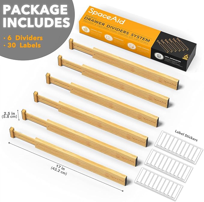 SpaceAid Bamboo Drawer Dividers (Need 2.35" Deep Drawer) Kitchen Adjustable Drawer Organizers, Expandable Organization for Home, Office, Dressers and Bathroom, 6 Dividers (13.25-17 in)
