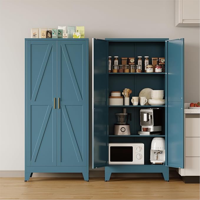 COFaR 61'' Tall Metal Storage Cabinet, Farmhouse Kitchen Pantry Cabinet with Doors and 3 Adjustable Shelves, Metal Pantry Storage Cabinets for Kitchen, Laundry, Peacock Blue 4-Tier