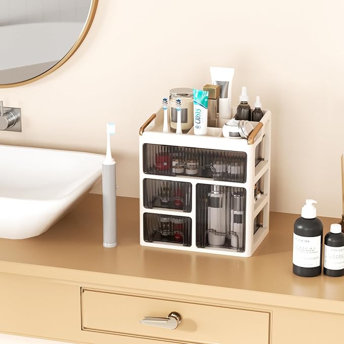 GearFusion Cosmetic Organizer, Makeup Storage Box with Drawers for Vanity, Plastic Beauty Countertop Cabinet with Clear Doors, Skincare, Perfume, Lipstick, Brush Holder for Dresser, Bathroom, Bedroom
