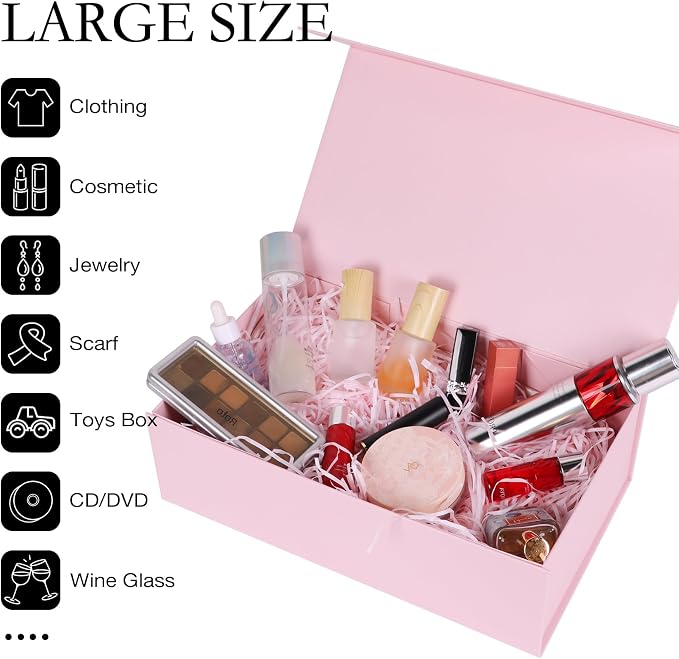 LFBOX Pink Gift Box with Magnetic Lid 1 Pack | Large Bridesmaid Groomsman Proposal Boxes,13.8x8.3x4.4 in, Collapsible Rectangle Storage Box