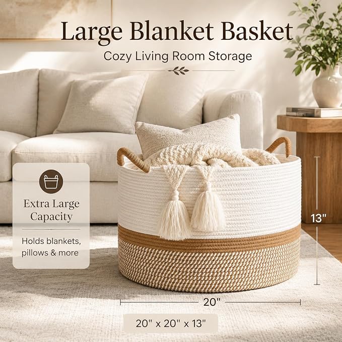 KAKAMAY Large Blanket Basket with Handles, Storage Basket for Living Room | Extra Large Capacity | Blanket Storage | Laundry Basket | Natural Cotton Rope | Stuffed Animal Storage | Woven Storage Basket