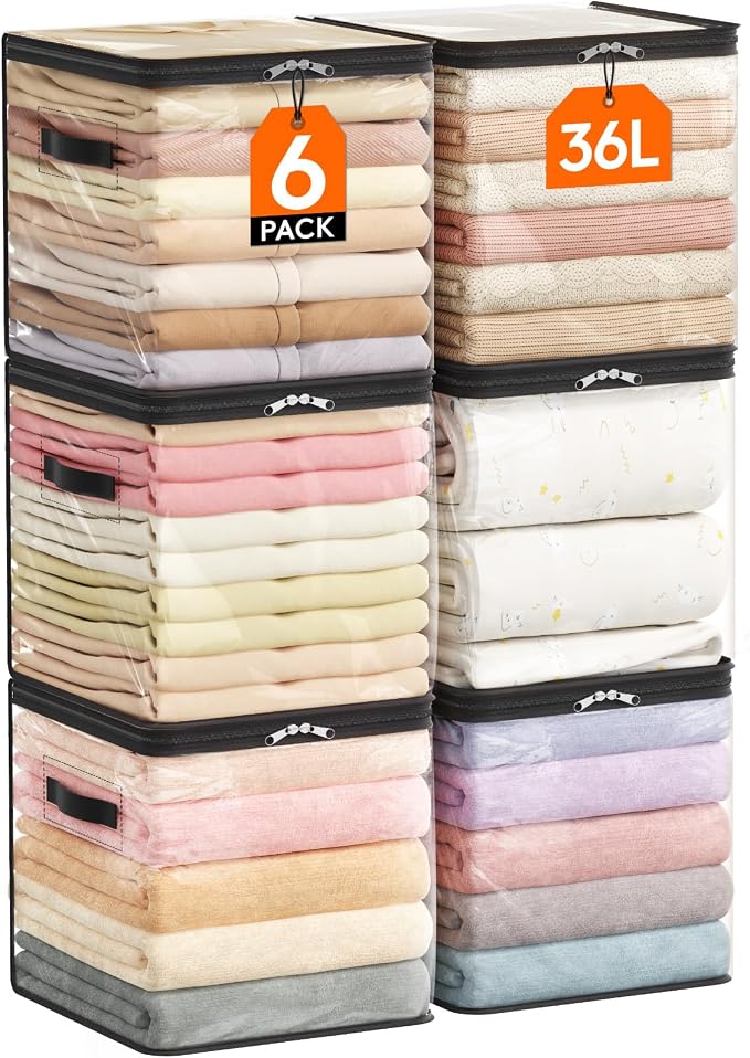 Lifewit 6 Pack Clear Clothes Storage Bags, Sweater Storage with Zipper, 36L Vinyl Foldable Moving Bags, Storage Container for Blankets Bed Sheet Sweater Yarns