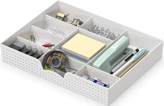 Simple Houseware Drawer Organizer Tray, 9 Adjustable Compartments, White | For Office, Makeup, and Craft Drawer or Desktop Storage