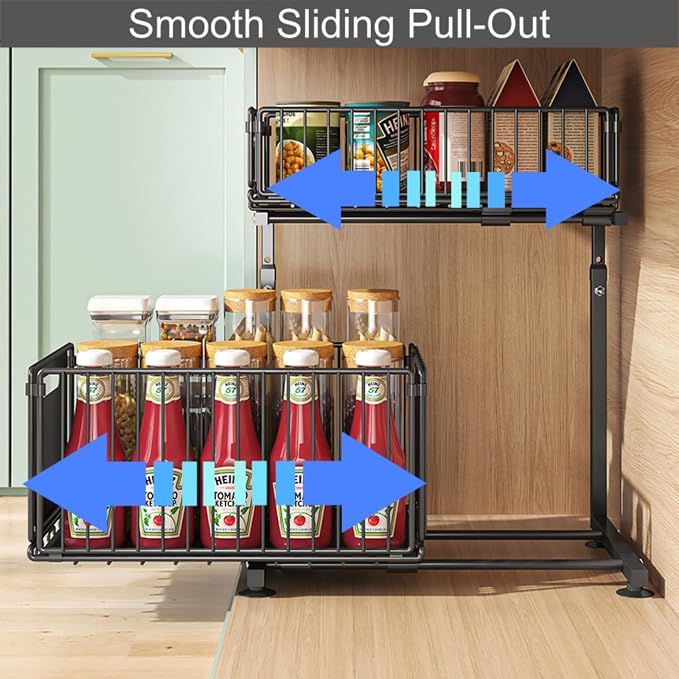 Under Sink Organizer, 2-Tier Multi-Use Kitchen and Bathroom Organizers and Storage, Slide Out Thickened Metal Under The Sink Organizer for Kitchen Bathroom Pantry (Style B White, 2 Pack)
