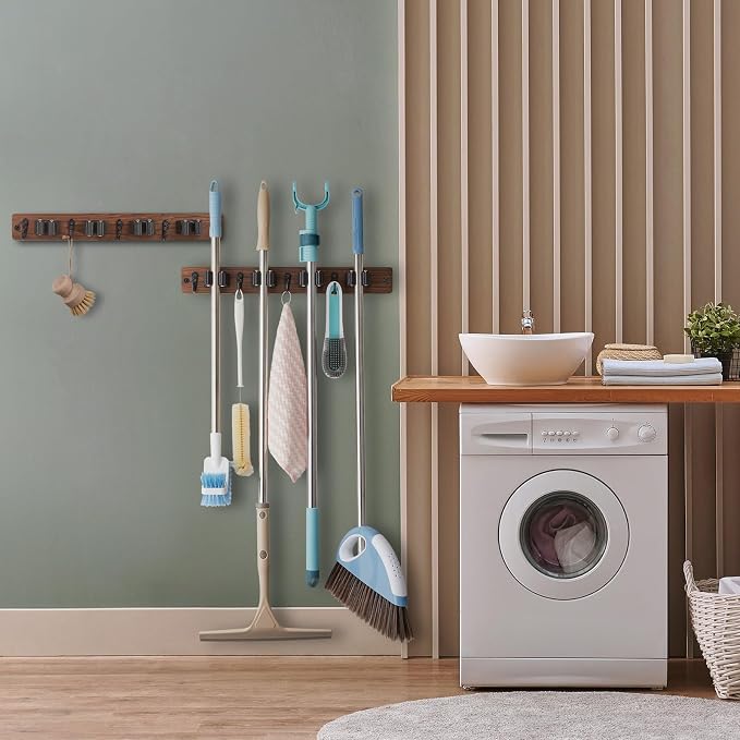 OUTNILI 2 Pack Mop Broom Holder Wall Mount - Wood Broom Mop Hanger - Wall Mounted Garden Tool Rack Organizer for Closet Garage Laundry Room Farmhouse Rustic Kitchen Decor With 4 Slots & 4 Hooks