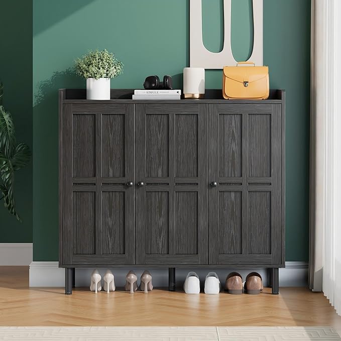 Shoe Storage Cabinet with 3 Doors, 8-Tier Shoe Cabinet with 5 Adjustable Shelves and Metal Legs, 40'' Tall Shoe Rack Organizer Cabinet for Entryway, Front Door, Black