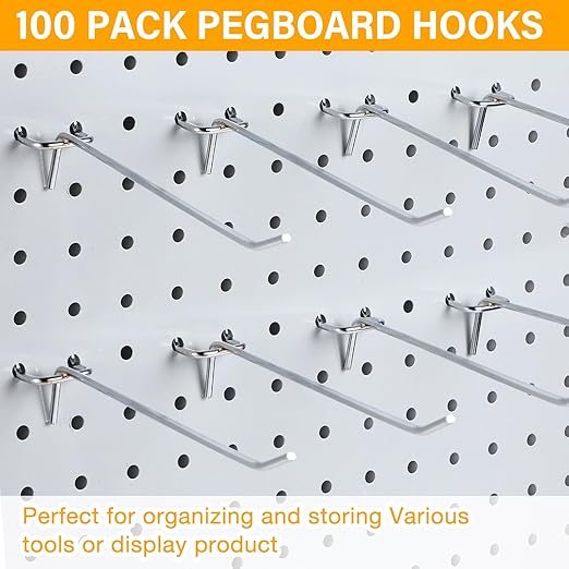 100 Pcs Peg Board Shelving Hooks Stainless Steel Hanging Board Pegs Wall Display Hooks Bulk for 1/8 1/4 Garage Storage Organizer Accessories (6 Inch,Silver)