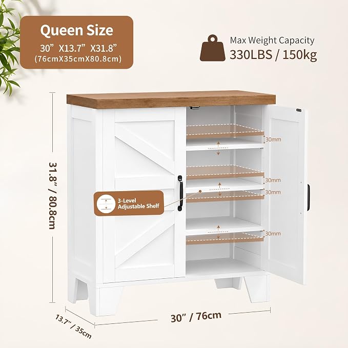 Heybly Modern Farmhouse Shoe Cabinet with Doors, Entryway Storage HSC001WWB | Adjustable Shelves, Hidden Shoe Storage, Versatile Entryway Cabinet Furniture with Thick Top, Reinforced Legs, Walnut-White