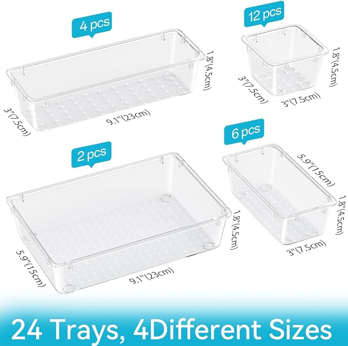 24 PCS Drawer Organizer Set, Makeup Organizers, Tool Storage Trays | 4 Sizes, Plastic, Stackable, Multiple Gadgets, Desk Drawer Divider Organizers, for Makeup, Office Supplies Storage