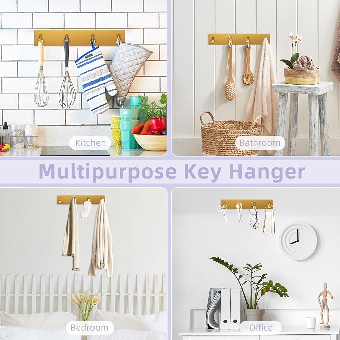 VIS'V Key Holder Wall Mount, Large Adhesive Key Hanger with 4 Hooks, Gold | Metal Material, No Drilling, Extra Adhesive Strip, Suitable for Entryway, Hallway, Doorway, Kitchen, Garage, Camper