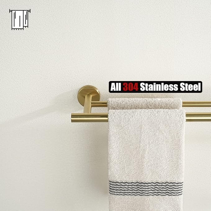 JQK Gold Double Towel Bar, 19 Inch 304 Stainless Steel Thicken 0.8mm Towel Rack Bathroom, Towel Holder Brushed Gold Wall Mount, Useable Length 16 Inch, TB100L16-BG