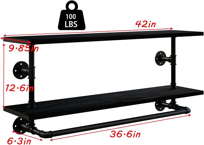 Black Clothes Rack 42in, 2-Tier Wall Mounted Garment Rack with Real Wood Shelf, Heavy Duty Hanging Clothes Rack, Multi-Purpose Hanging Rod, Space-Saving Closet Storage