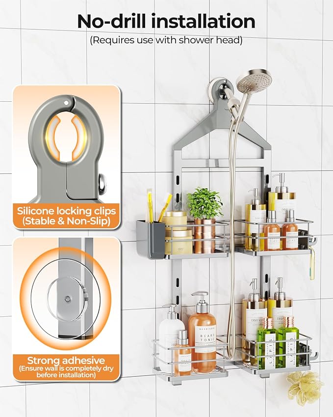 ODesign 2 Tier Shower Caddy for Handheld Shower Heads Anti-Swing Silver | No drilling required,comes with removable hook and storage box,suitable for handheld and wall-mounted showerheads