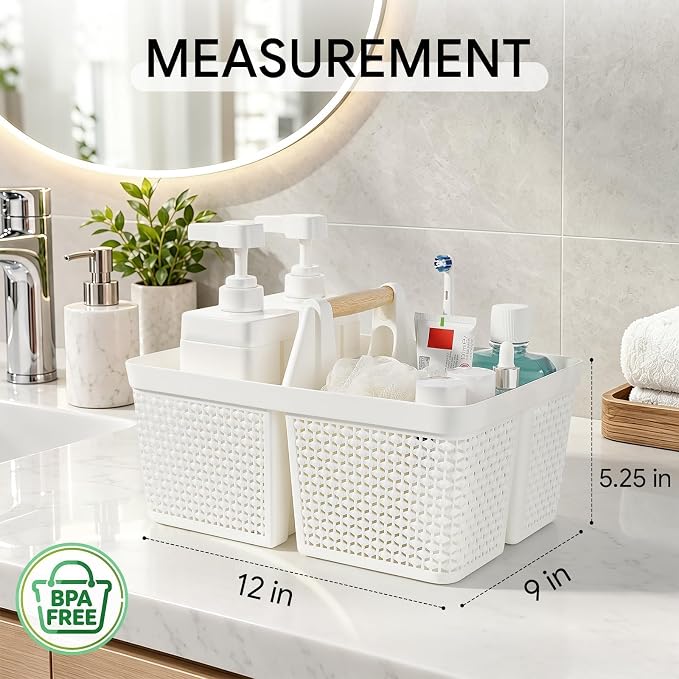 UUJOLY Portable Plastic Shower Caddy Basket with Wooden Handle, White | Divided Storage Organizer Tote for Bathroom, Dorm, College, Kitchen & RV – Lightweight, Easy-Carry Essentials Caddy