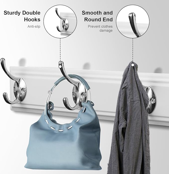 Coat Rack Wall Mounted White, 17" Wooden Modern Wall Coat Hanger with 4 Hooks, Heavy Duty Zinc Alloy Wall Hook Rack for Hanging Coats, Keys, Bags, Great Touch for Bedroom Bathroom Kitchen | 17"