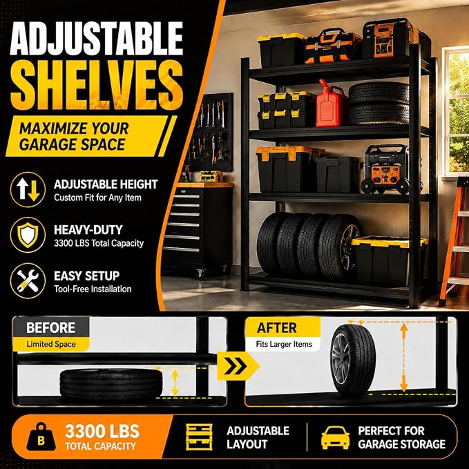 Garage Shelving, Heavy Duty Storage Shelves, Adjustable Boltless Units | Metal Shelving with Double Layer Posts, Industrial Steel Shelving for Garage Basement Warehouse Kitchen, Black, 72H*36W*16D
