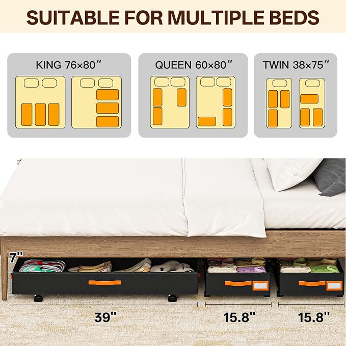 Under Bed Storage with Wheels 39inch, Extra Long Under Bed Storage Bins, Low Profile Under Bed Storage 5.5inch Height No Assemble Storage Containers, Under Bed Shoe Storage with Lids