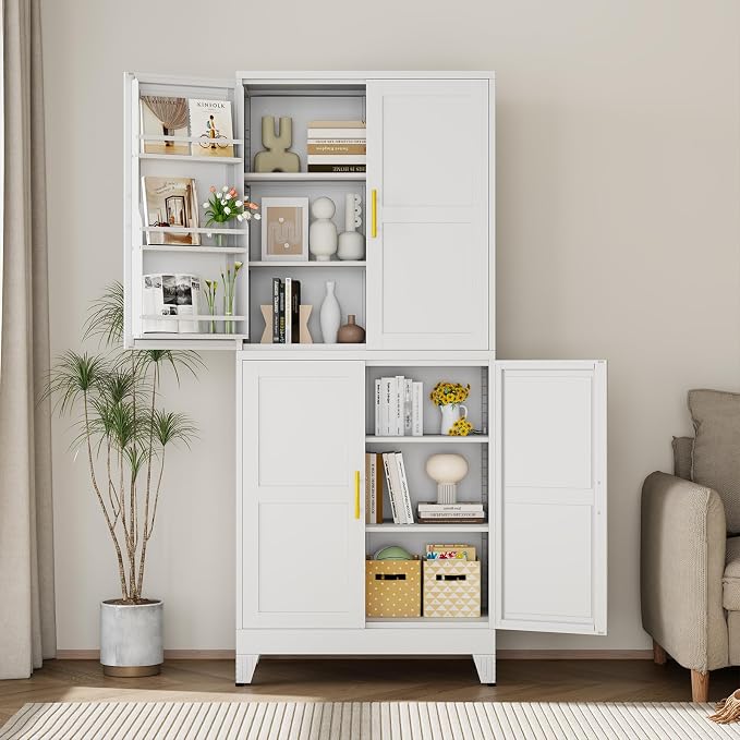 75" Tall Metal Kitchen Pantry Storage Cabinet, Freestanding Cupboard Storage Cabinet with 4 Doors and 4 Adjustable Shelves, Large Stand Up Food Cupboard for Dinning Room, Bathroom, White