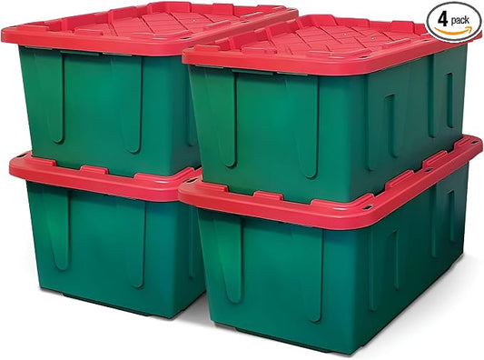 HOMZ Durabilt Plastic Storage Bins with Lids, 27 Gal, Red/Green, 4 Pack | Heavy-Duty Large Stackable Container Seasonal Boxes for Home, Attic, and Garage Organization