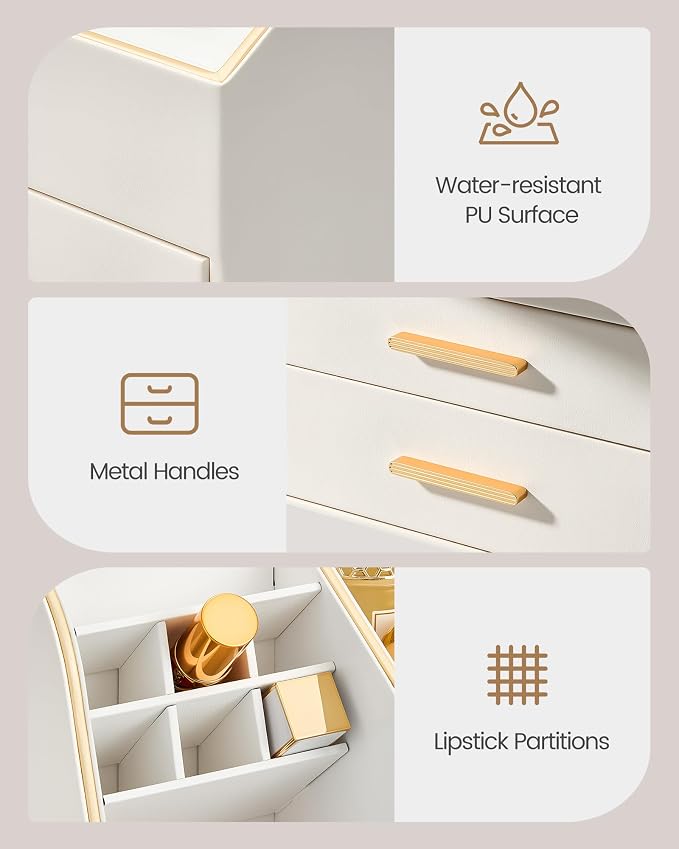 Lolalet Makeup Organizer Countertop with Drawers, Easy to Clean PU Leather Storage Box, 3-Layer Cosmetic Holder for Skincare, Lipstick, Perfume & Brush, Display Case for Vanity Dresser Bathroom -Cream
