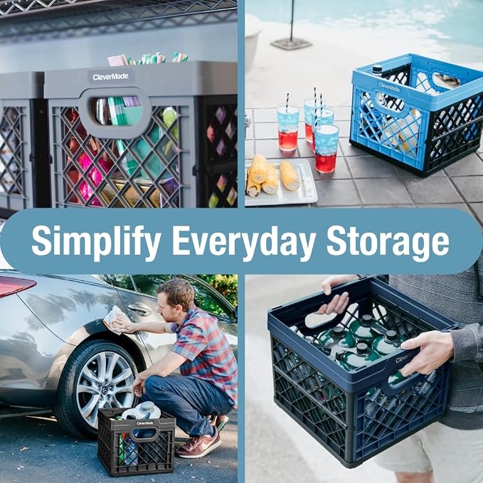 CleverMade Collapsible Milk Crate, 25L, 50 lb, Obsidian | Built-in rails hold letter-size hanging files. Interlocking crates stack open or folded and carry up to 50 lb each.
