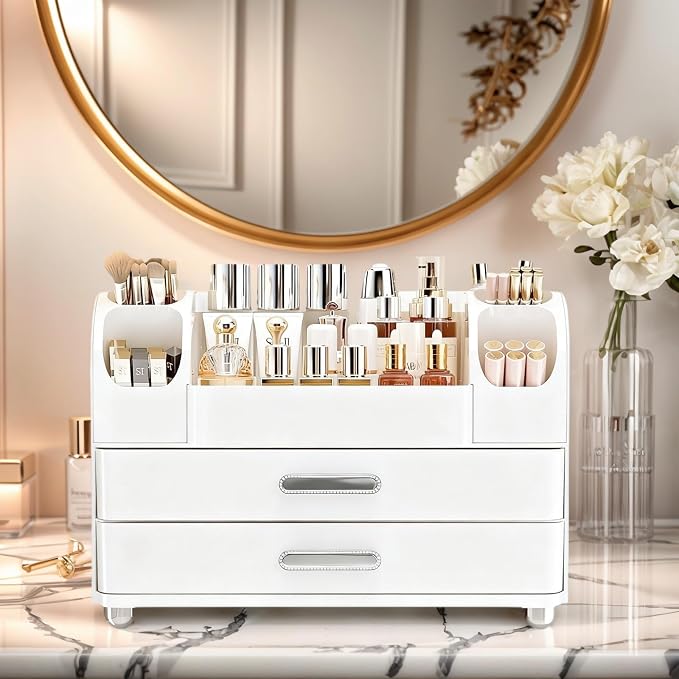 Large Makeup Organizer for Vanity - Perfume Cosmetic Display Cases | Skincare Organizers with 2 Drawers for Bathroom Dresser, Easy to Store Brush Eyeshadow Lipstick Beauty Supplies, All White