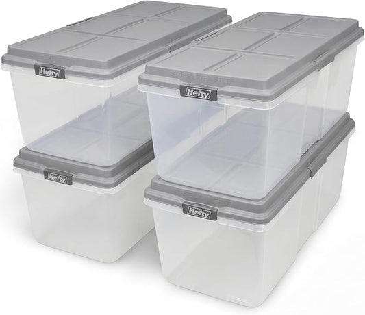 Hefty 113 Qt Hi-Rise Storage Bin with Lid, Stackable Plastic Storage Container, Organizer for Home, Garage & Closet, 4 Pack, Gray