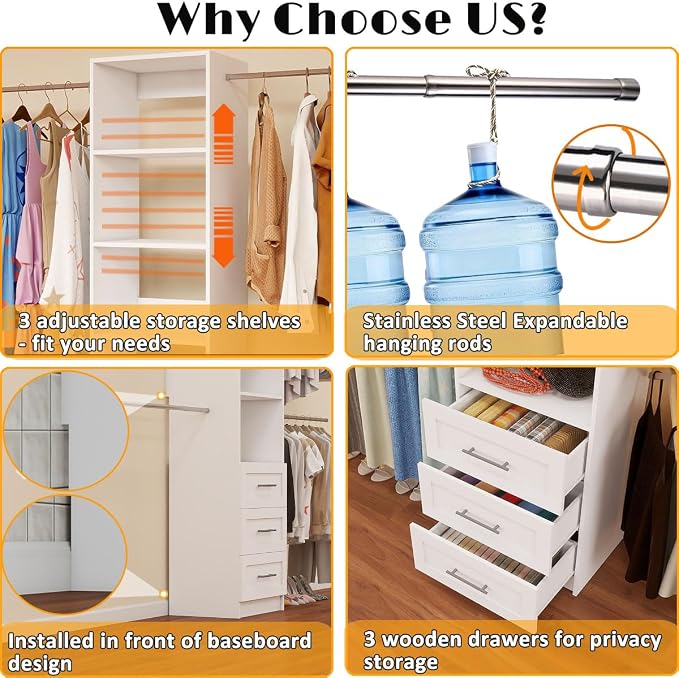 Closet Organizer System with Drawers, Wall Mounted 5FT-9FT White | 3 Wooden Storage Drawers, 4 Expandable Hanging Rods, 2 Adjustable Shelves,walk-in closet organizer,Wall Mount Walk In Tower