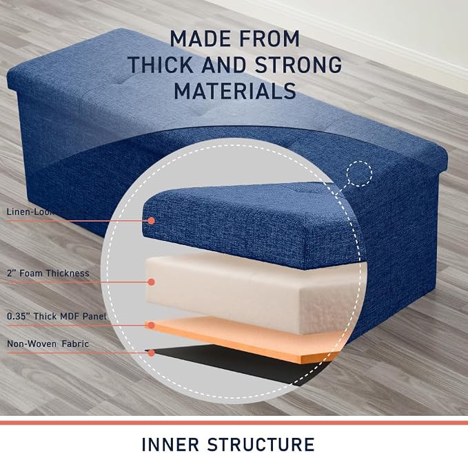 Ornavo Home 43 Inch Folding Extra Large Storage Bench, Linen, Navy Blue | Upholstered Tufted Ottoman with Lid; Foot Rest Stool; Ideal for Bedroom, Living Room or Entryway