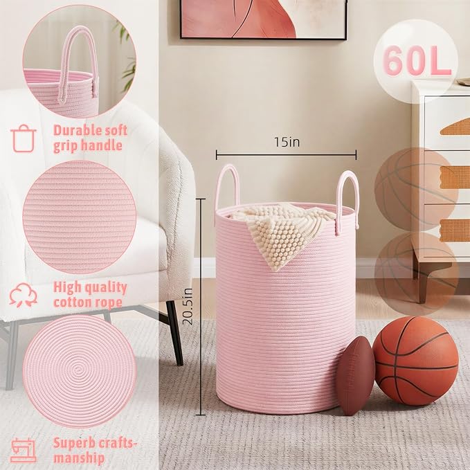 Artfeel Laundry Basket,Woven Cotton Rope Laundry Hamper,60L for Decorative Storage of Dirty Clothes,Toys and Blankets in Bathroom,Baby Room and Living Room