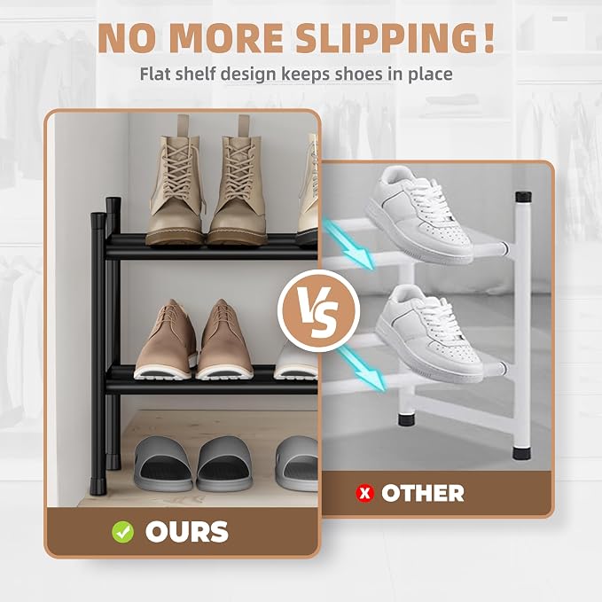 STORAGE MANIAC Long Expandable Shoe Rack, 12 Pairs Metal Wide Stackable Shoe Rack, Adjustable Shoes Shelf, Freestanding Shoes Organizer for Closet, Entryway, Hallway, Garage, Front Door, 2 Tiers