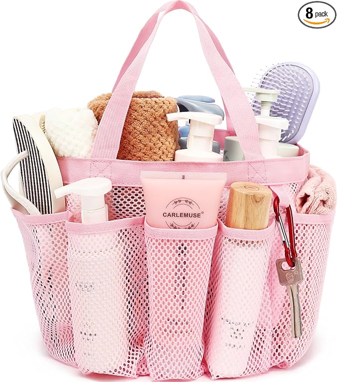 Fammart Mesh Shower Caddy Portable for College Dorm Room Essentials, Odorless Polyester Large Shower Tote Bag with Dual Handles, 8-Pocket Quick-Dry Toiletry Organizer for Travel, Beach, Camping, Gym
