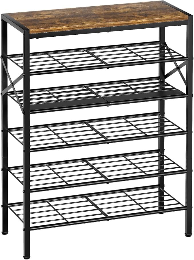 6 Tier Metal Shoe Rack with Wood Top, 18-24 Pairs Rustic Brown | Compact 38.6in tall fits entryway. Iron sheet for heels. Removable layer for tall boots. Multi-use display top.