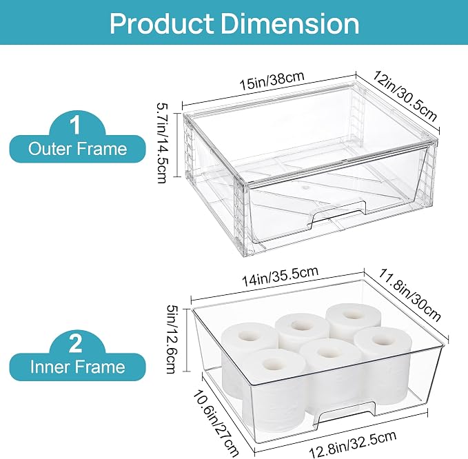 Vtopmart 6 Pack Large Clear Stackable Storage Drawers | Easily Assemble Bathroom Closet Undersink Organizers,Plastic Bins for Cabinet,Kitchen Pantry,Medicine Organization